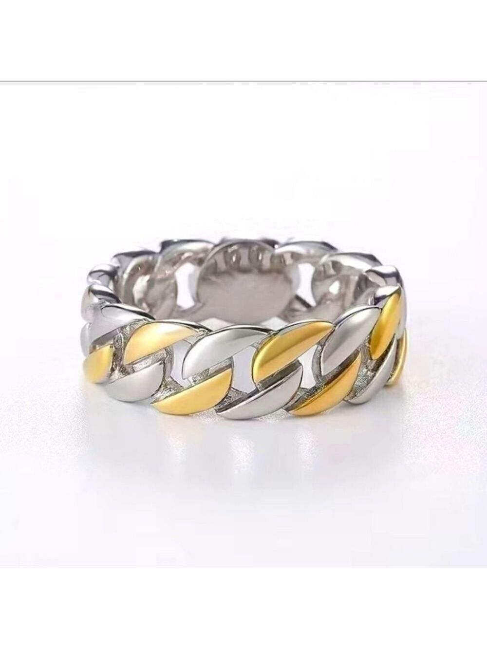 Gold and Silver Tone Braided Chain Ring 7mm Wide Cuban Link Chain Ring